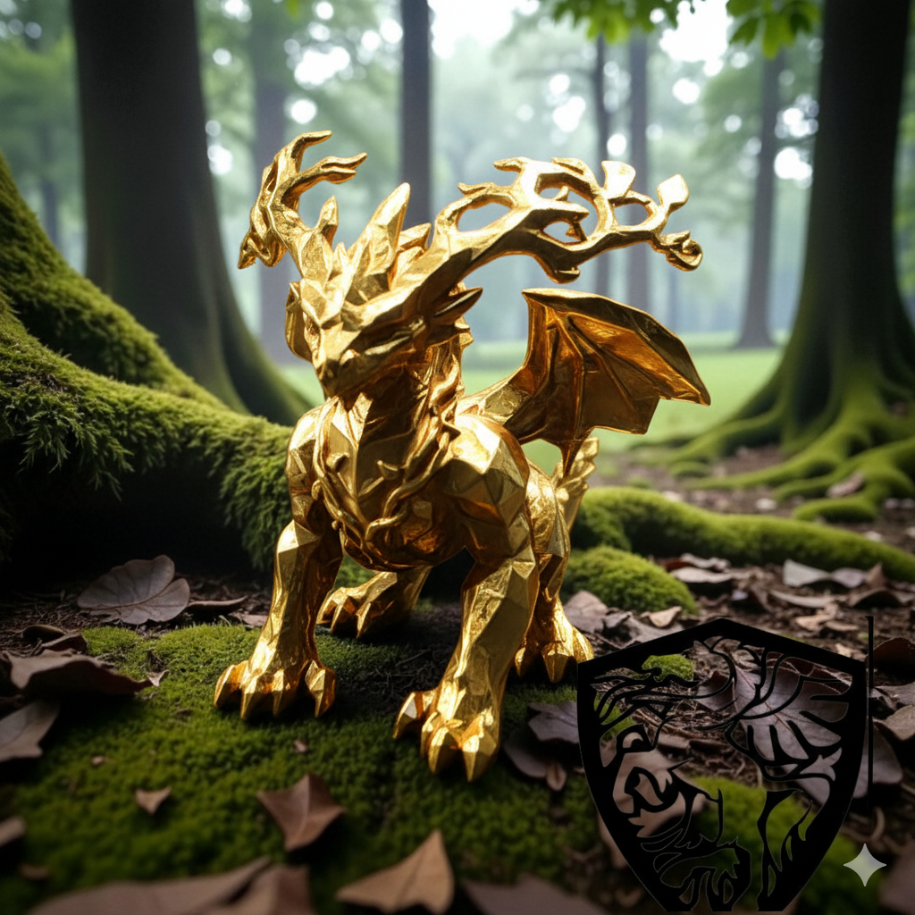 Low poly forest dragon .999 fine silver statue, rear view