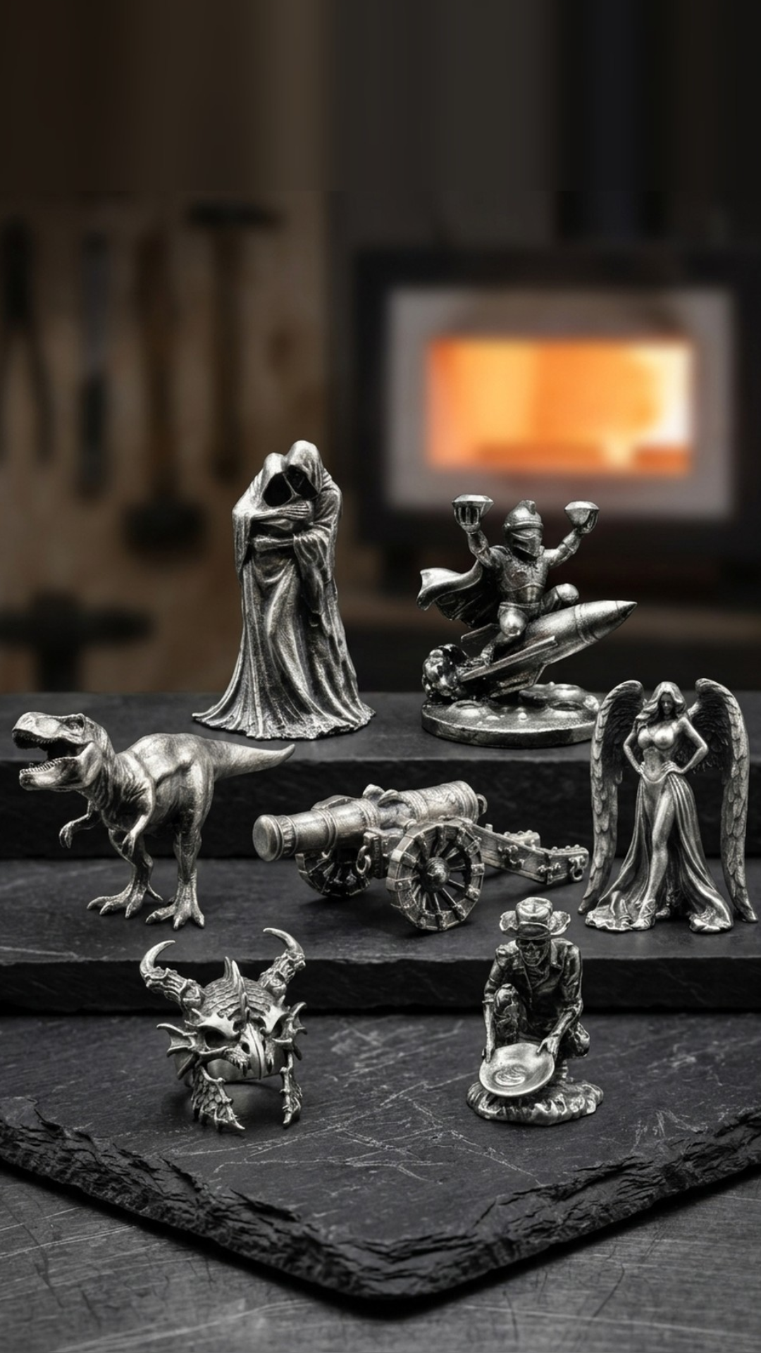 Hand-poured .999 fine silver sculptures on slate in front of a forge